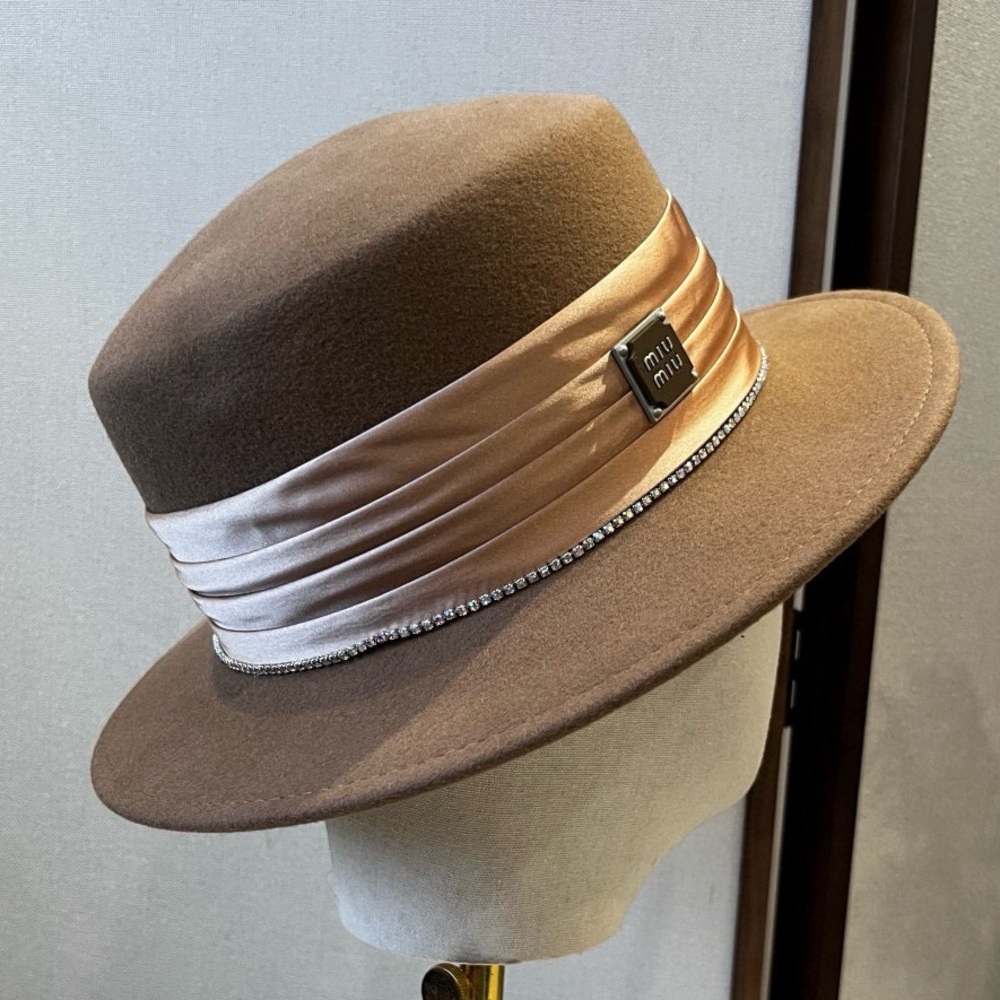 Women's Miu Miu Tan Hat with Satin Band and Rhinestone Trim